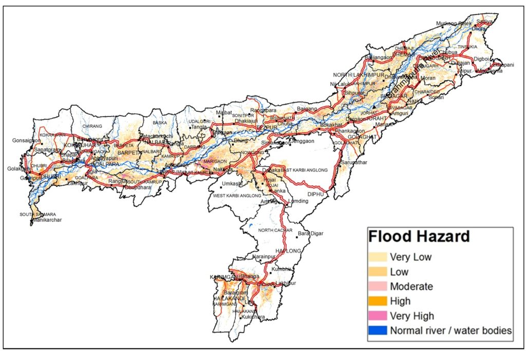 Flood hazard map of Assam. The different colours represent different hazard types. Credit: ISRO
