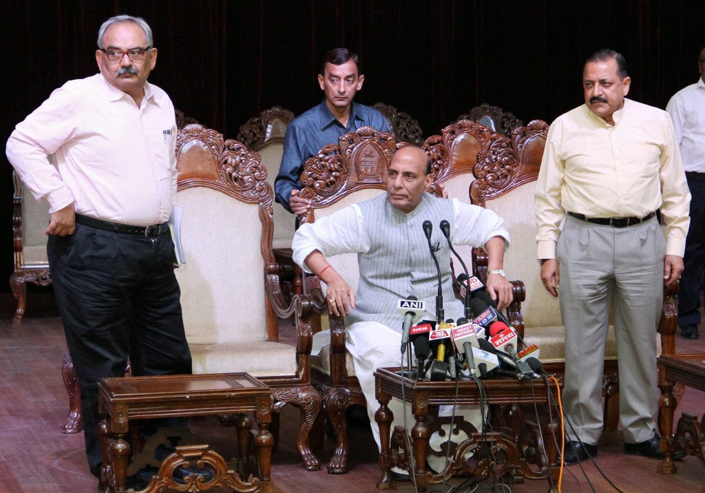 Union home minister Rajnath Singh addressing a press conference in Jammu on Monday. Minister of state in the PMO Jitendra Singh and Union home secretary Rajiv Mehrishi are seen. Credit: PTI