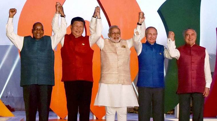 Prime Minister Narendra Modi with BRICS leader Brazil President Michel Temer, South Africa President Jacob Zuma, Russian President Vladimir Putin and Chinese President Xi Jinping pose for a group photo at the BRICS informal dinner in Benaulim, Goa on Saturday, October 15. Credit: PTI