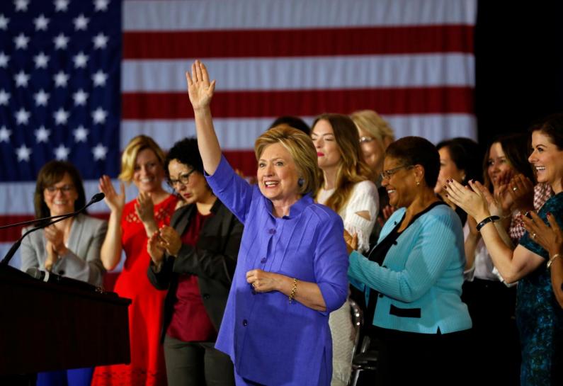 U.S. Democratic presidential candidate Hillary Clinton waves after speaking at a