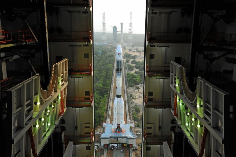 The GSLV-MkII emerges from the vehicle assembly building at Sriharikota. Credit: ISRO