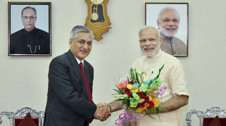 Gandhinagar: Prime Minister Narendra Modi being greeted by Chief Justice of India T S Thakur on his birthday, in Gandhinagar on Saturday. Credit: PTI/Files