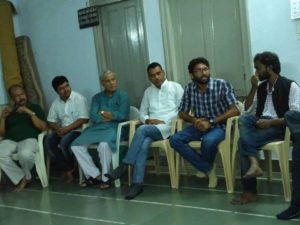 Vinay mahajan, cultural artist, Indubhai Jani from Khet Vikas Parishad, Bhavar Meghvanshi from Rajasthan, Jignesh Mewani and Rohan Sonpimple from JNU at the meeting. Credit: Damayantee Dhar