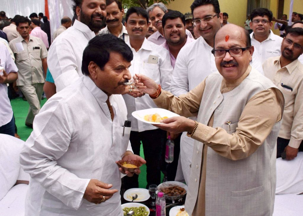 File photo of Samajwadi Party leaders Shivpal Yadav (left) with Amar Singh. Credit: PTI