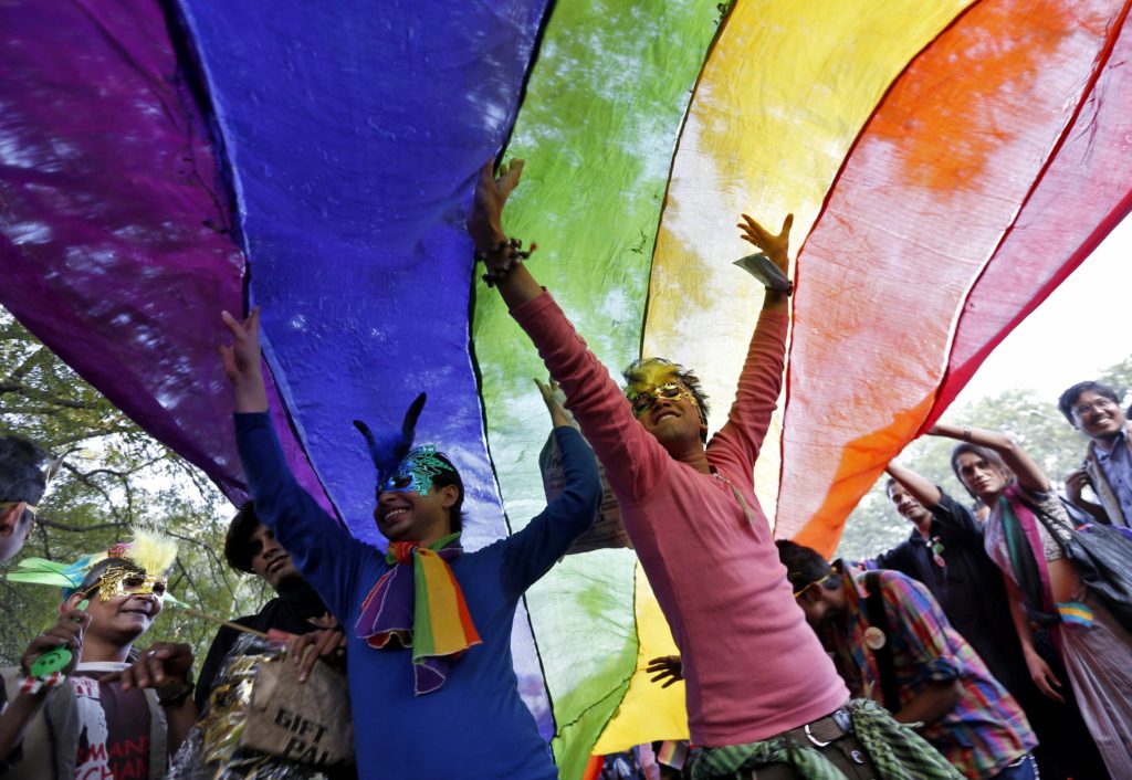Participants dance under a a rainbow flag as they attend the sixth Delhi Queer Pride parade in New Delhi November 24, 2013. Credit: Reuters/Mansi Thapliyal