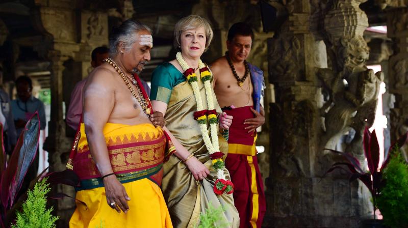 British Prime Minister Theresa May visits the Someshwara temple in Bengaluru on Tuesday. Credit: PTI