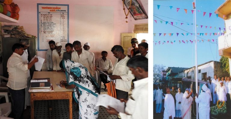 Shalubai signing papers at the clerk's table in the gram panchayat office (left) and hoisting the flag on Republic Day (right; photo courtesy: Wagholi gram panchayat)