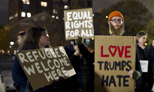 Protestors against Donald Trump in Washington Square Park in New York in November. Credit: Muhammed Muheisen/AP