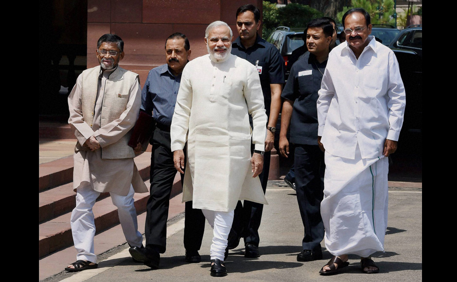 Minister of state for finance Santosh Singh with Prime Minister Narendra Modi and union minister Venkaiah Naidu