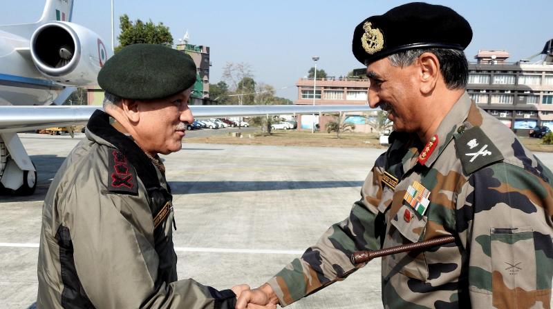 Army Chief General Bipin Rawat is welcomed by Lt. Gen. Praveen Bakshi, GOC-in-C Eastern Command, on his arrival at Tezpur Airport on Tuesday. Credit: PTI