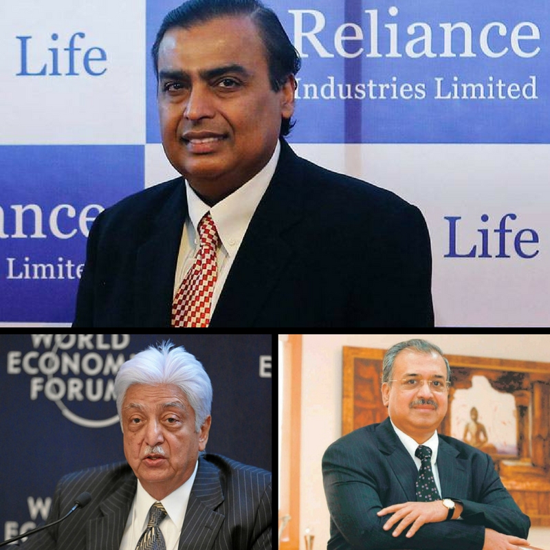 Mukesh Ambani, Azim Premji and Dilip Sanghvi are among the richest men in India. Credit: PTI/Reuters