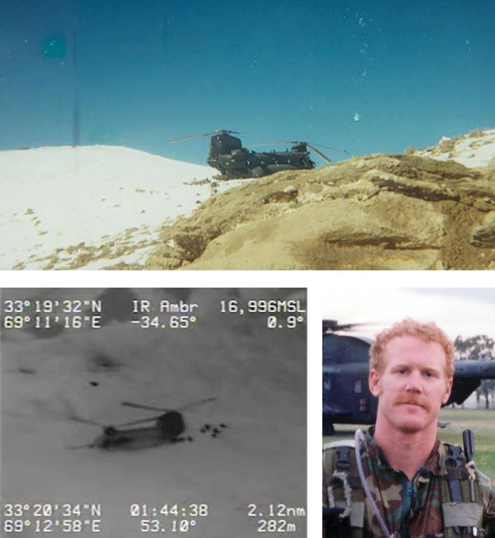 Top: Photo of helicopter on Takur Ghar. Bottom left: Screengrab from drone feed during the battle of Roberts Ridge. Bottom right: Candid photo of US Navy SEAL Neil Roberts. Credit: via The Intercept, US Department of Defense; Screengrab from video by US Department of Defense; US Navy by the Roberts family