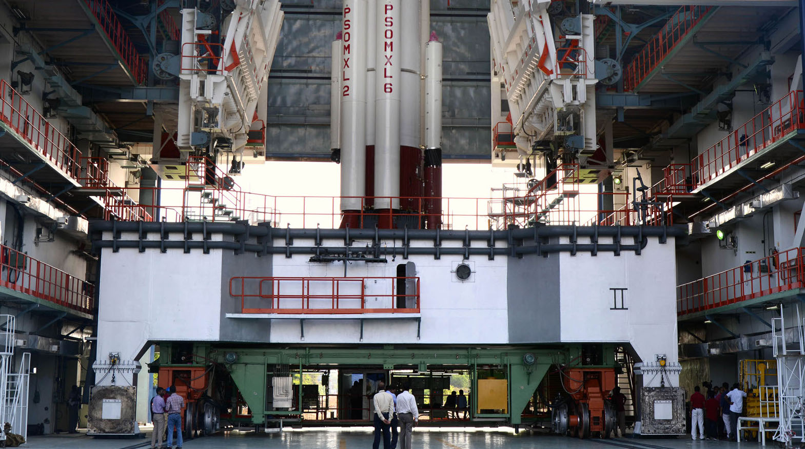 First-stage integration of the PSLV C34, which carried a Cartosat-2 series satellite to space, in progress. Credit: ISRO