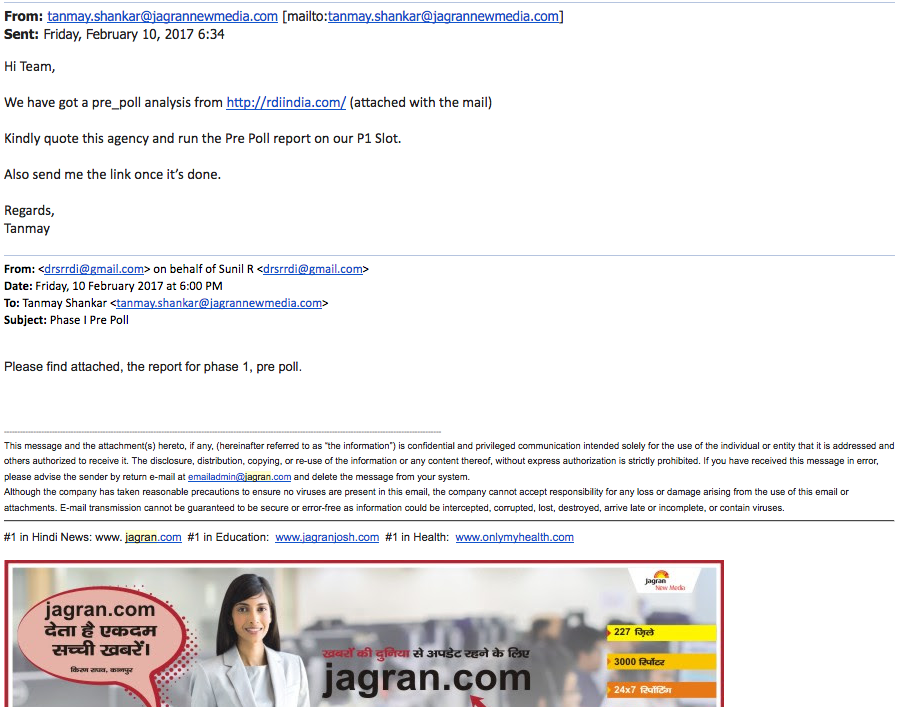 Email sent by Tanmay Shankar to the editorial team at Dainik Jagran