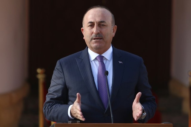 Turkey's foreign minister Mevlut Cavusoglu speaks to the media during a visit in Nicosia, northern Cyprus, February 21, 2017. Credit: Reuters