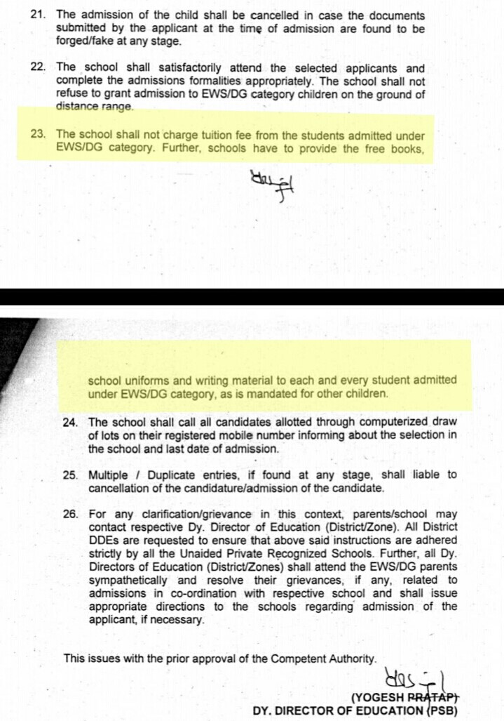 Circular issued by Del E stating EWS admission guidelines. Credit: Shruti Jain