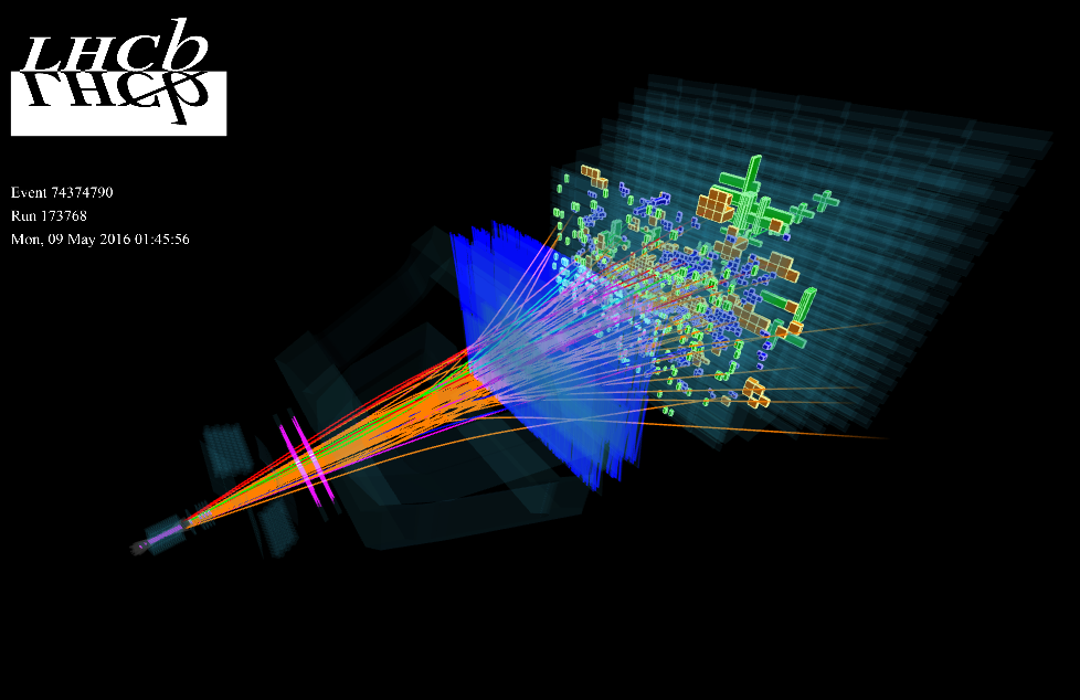 A typical LHCb event fully reconstructed during data taking on May 9, 2016. Caption and credit: CERN