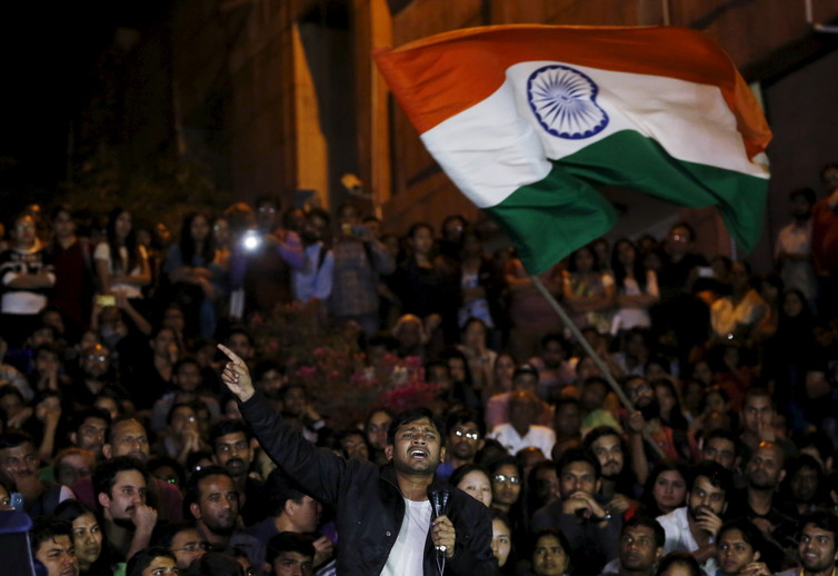 JNU student union leader Kanhaiya Kumar speaks on campus after he is released on bail on March 3 2016. Credit: Adnan Abidi/Reuters