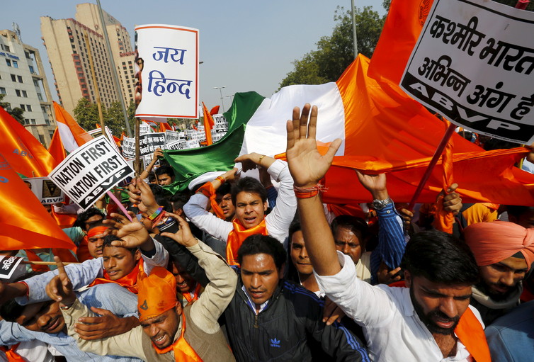Activists from the ABVP protest against ‘anti-national sloganeering’ at the JNU campus in 2016. Credit: Adnan Abidi/Reuters