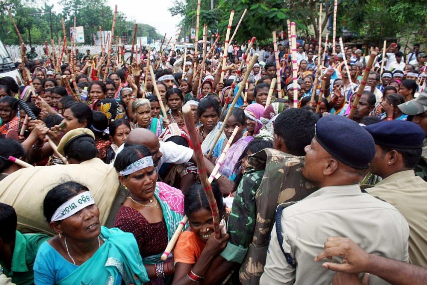 Adivasis protesting in Bhubaneshwar against land acquisition for Bauxit mining. Credit: PTI/Files