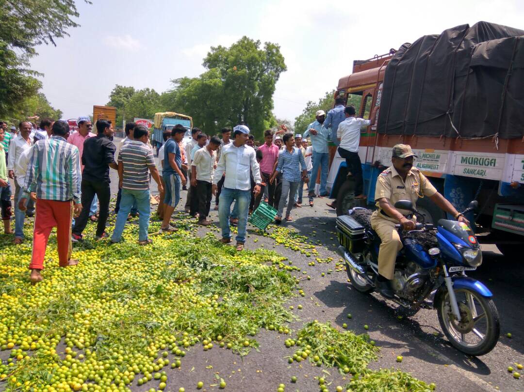 Fruits thrown on the road during the protest. Credit: Varsha Torgalkar