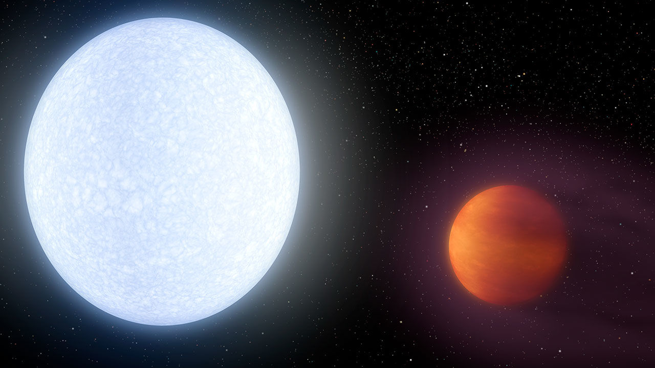 An artist's illustration of KELT-9b (right) and its star. Credit: NASA/JPL-Caltech/R. Hurt (IPAC)