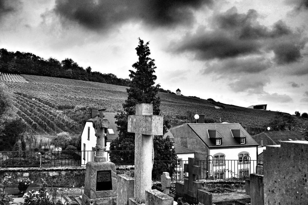 Schengen palace dates back to the 1390 but was nearly completely rebuilt in the 19th century. It is now a hotel and conference centre. The agreement was signed here in 1985 about the borderless travel in European Union. The cemetery is seen along with the church complex. Credit: Shome Basu/The Wire