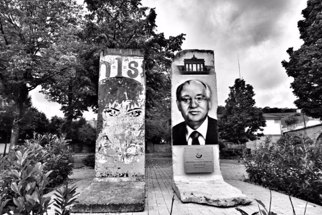 Parts of the Berlin Wall are showcased as an epitome of hostility and barbarism. Former USSR leader Gorbachev is seen as a messiah of peace. Credit: Shome Basu/The Wire