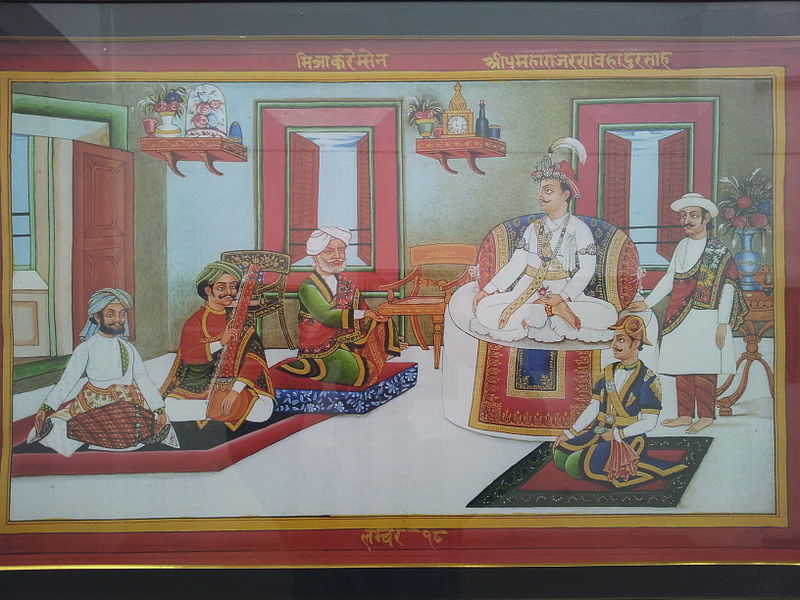 King Rana Bahadur Shah and Bhimsen Thapa listening to the Mitra Karem Sen's singing. Credit: Wikimedia