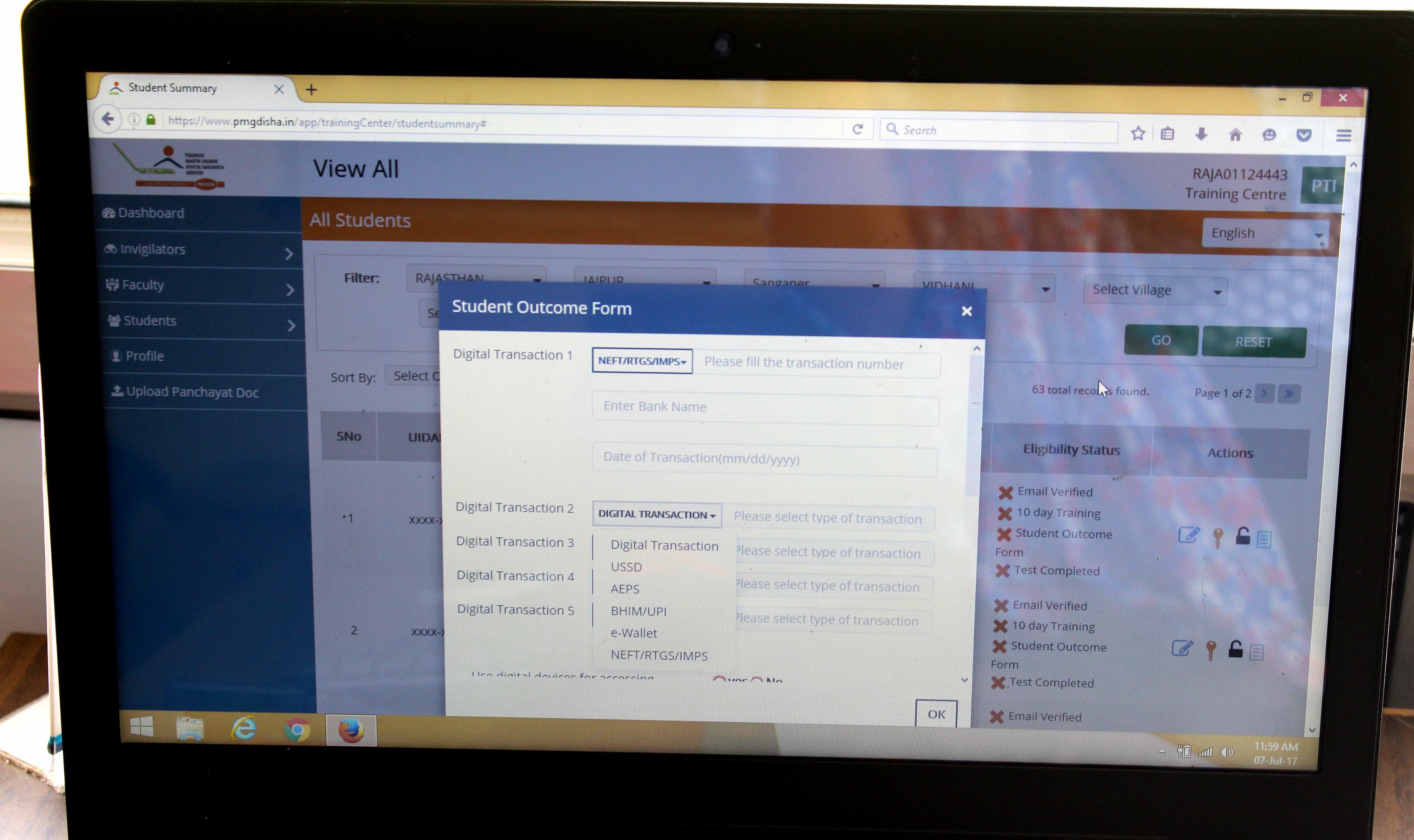 Student outcome form under PMGDISHA displaying digital transaction entries. Credit: Shruti Jain
