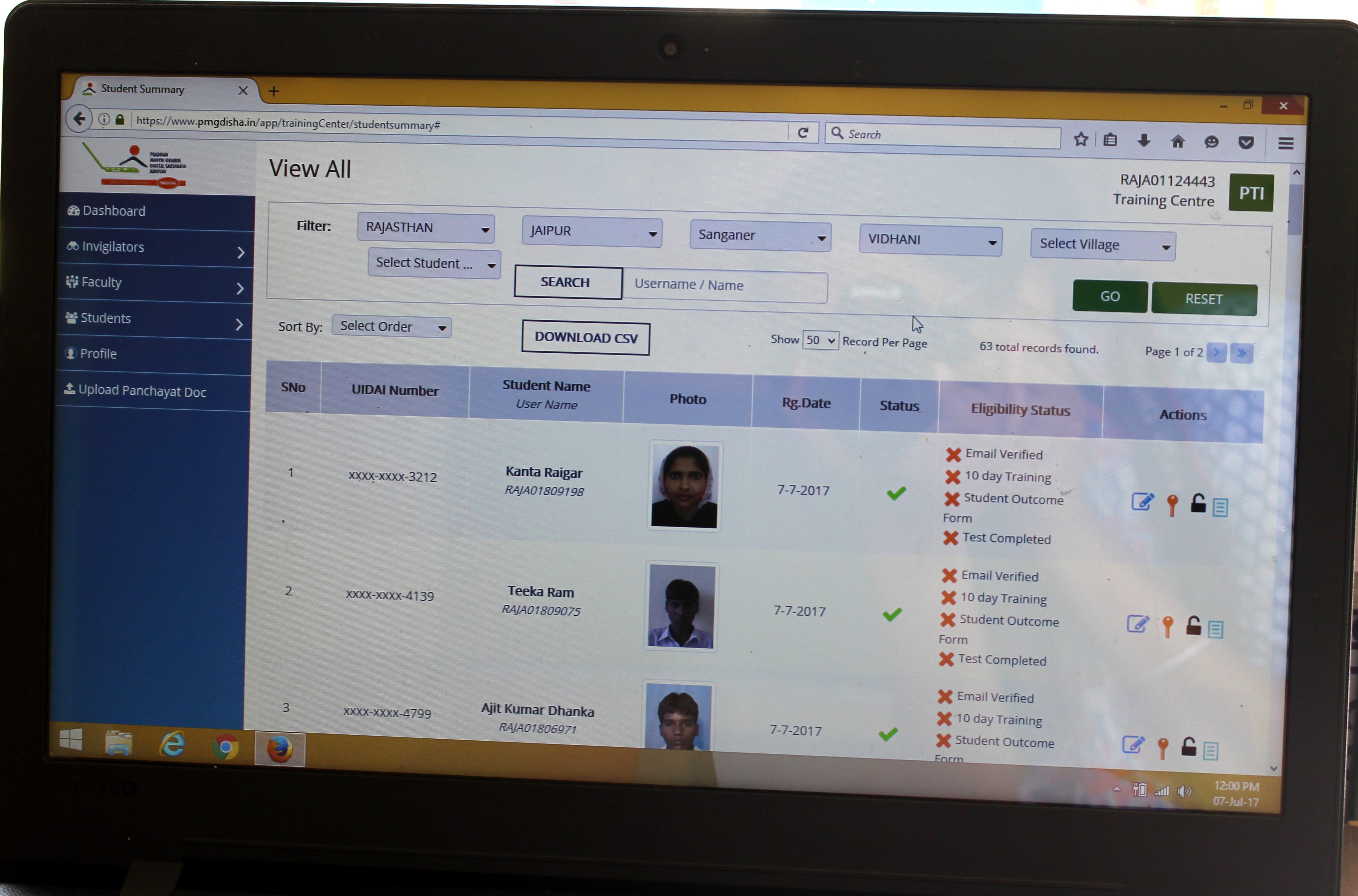 Student summary registered for PMGDISHA at a training centre in Sanganer. Credit: Shruti Jain