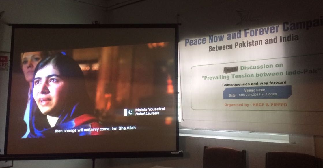 At the Karachi seminar on July 14, screening of Pakistani-Norwegian Aman Sheikh and Indian-Norwegian Simrat Kaur’s short film Ek (One) featuring youth icon Malala Yusufzai. Credit: Ali Arqam