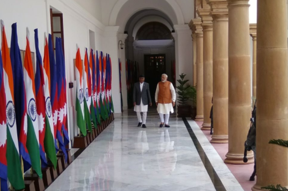 Nepal's Prime Minister Sher Bahadur Dueba with Prime Minister Narendra Modi. Credit: Twitter/@MEAIndia