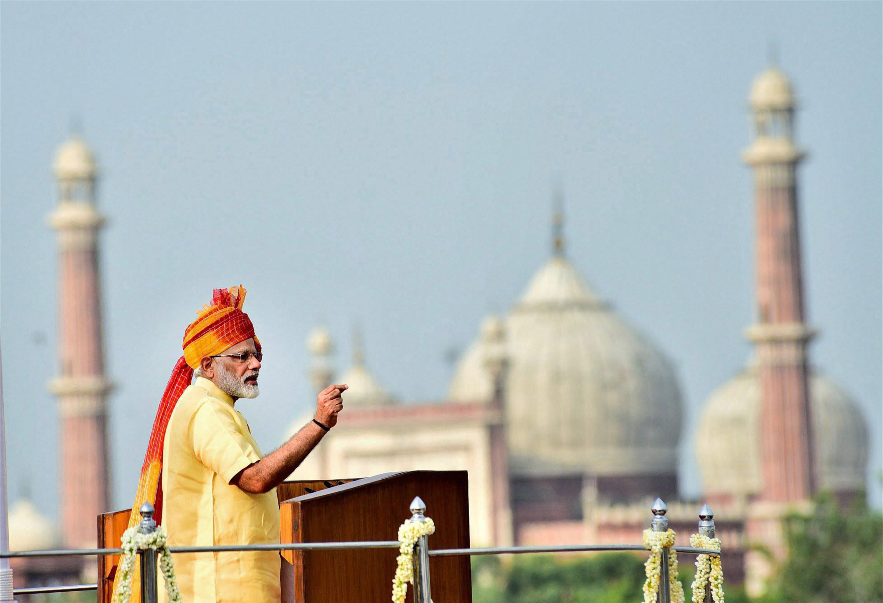 Prime Minister Narendra Modi addressing the nation from the ramparts of the historic Red Fort on the occasion of Independence Day in New Delhi on Tuesday. Credit: PTI/PIB