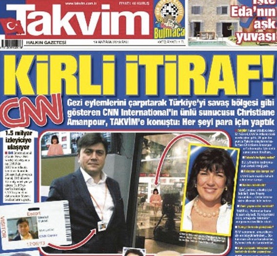 CNN's Christiane Amanpour was indignant after Turkish pro-government daily Takvim published a fake interview with her in which she ‘confessed’ to being forced to cover the Gezi protests in a way that cast a negative light on Turkey. Screenshot taken from Hurriyet Daily News report on the subject.