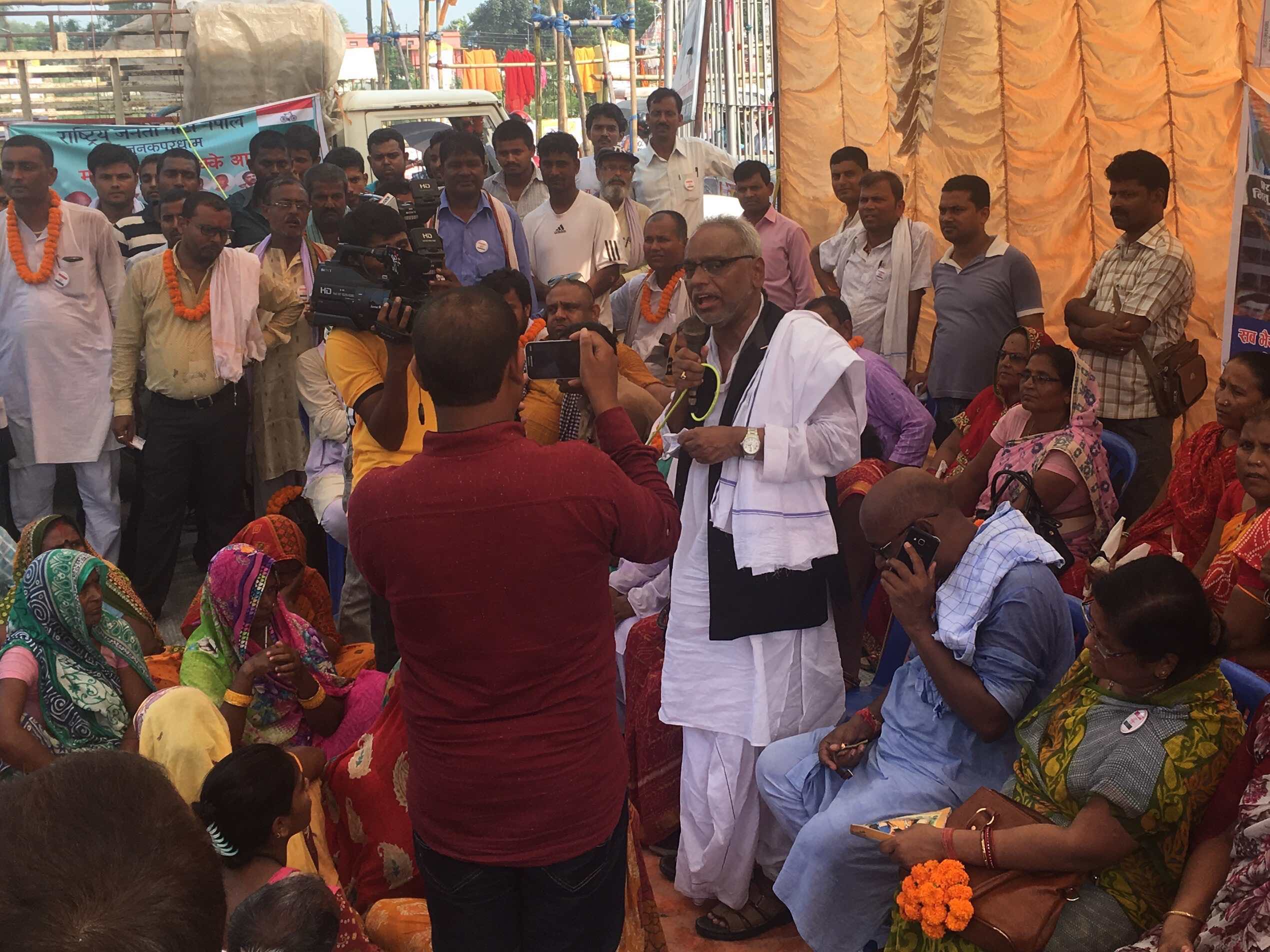 RJPN leader Rajendra Mahato speaks with supporters in Janakpur on Wednesday. Credit: Peter Gill