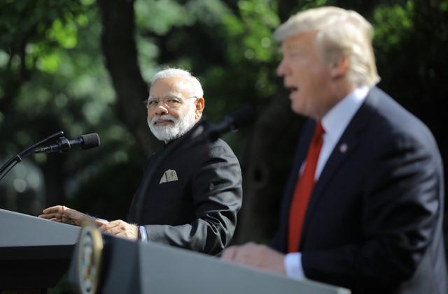 President Donald Trump holds a joint news conference with Indian Prime Minister Narendra Modi in the Rose Garden of the White House in Washington. Credit: Reuters/Carlos Barria