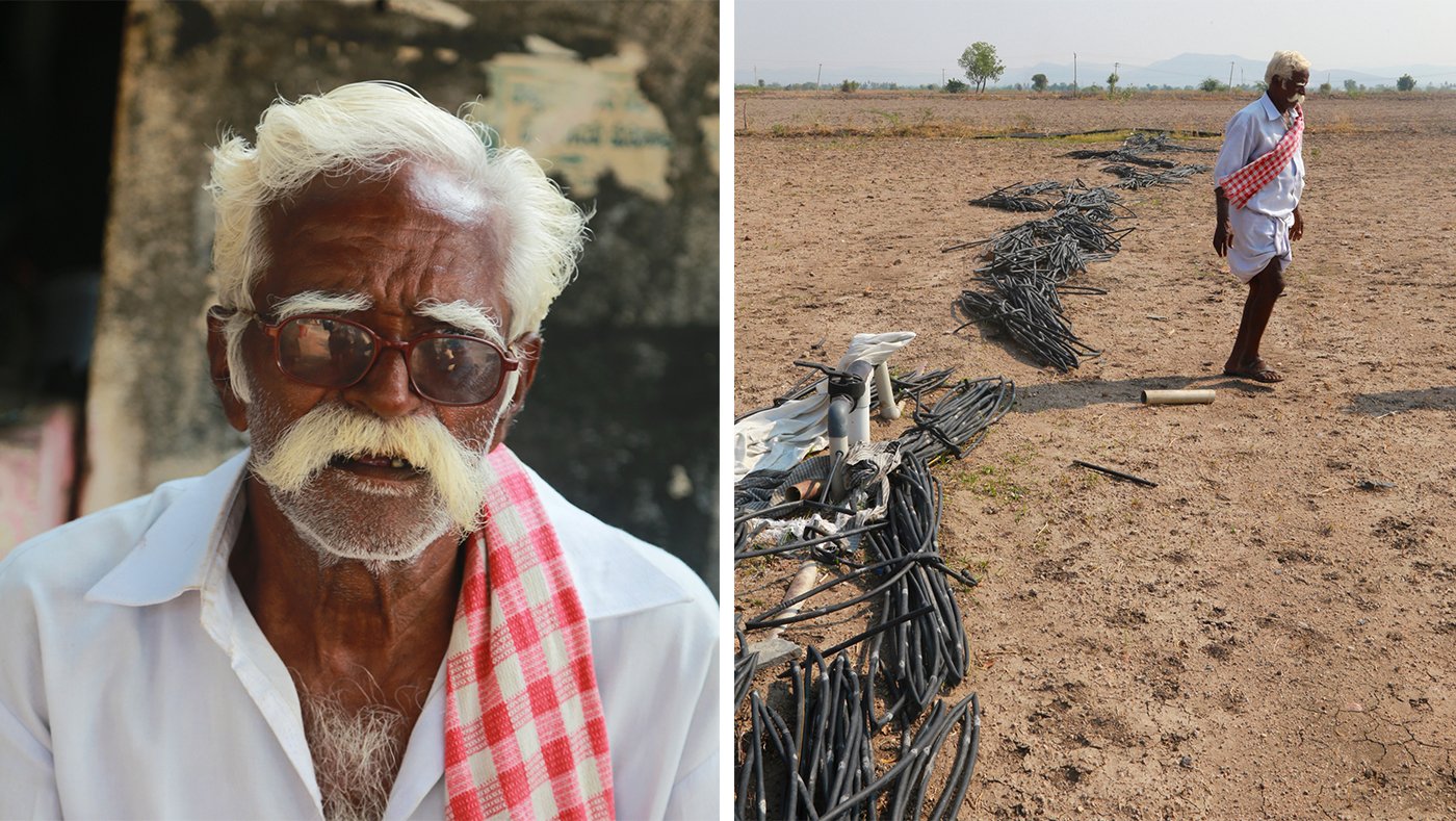 K. Sreenivasulu and his family have spent over Rs 10 lakh on sinking borewells, including Rs 2 lakh on drip-pipes (right) to irrigate their land.