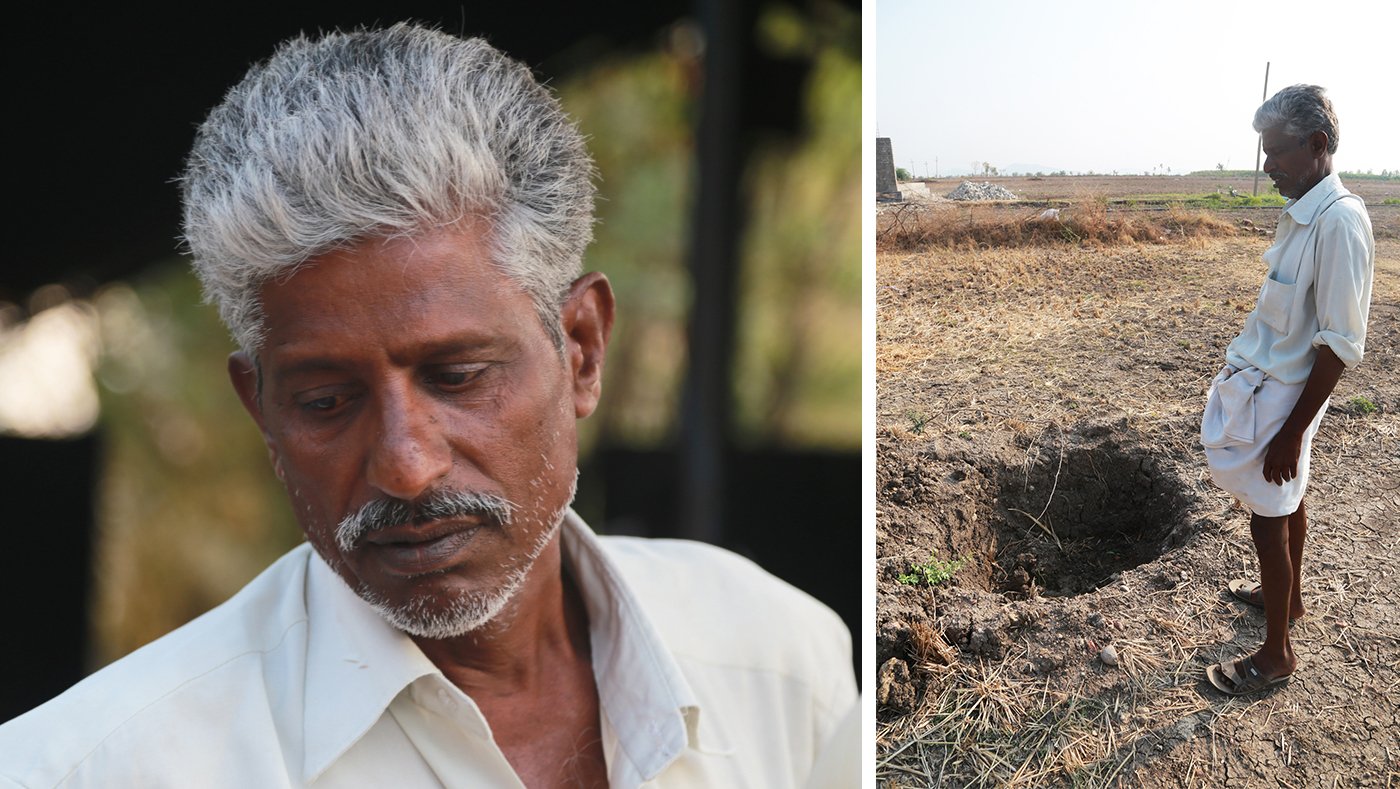 G. Sreeramulu stands next to one of six failed borewells on his six acres of farmland.