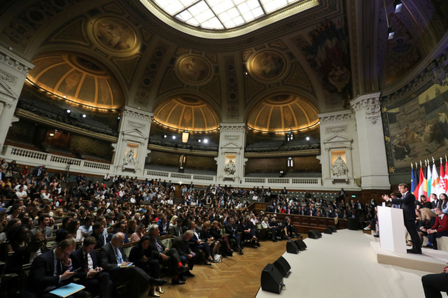 General view of the amphitheatre at the Sorbonne as French President Emmanuel Macron delivers a speech to set out plans for reforming the European Union in Paris, France, September 26, 2017. Credit: Reuters