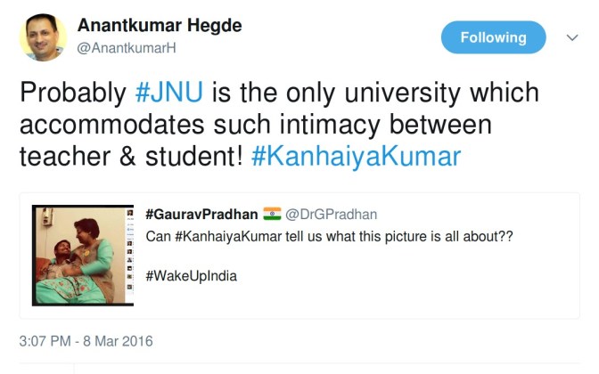 anantkumar hegde kanhaiya kumar JNU tweet