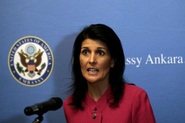 US Ambassador to the United Nations Nikki Haley speaks to the staff at the U.S. Embassy in Ankara, Turkey, May 23, 2017. Credit:Reuters