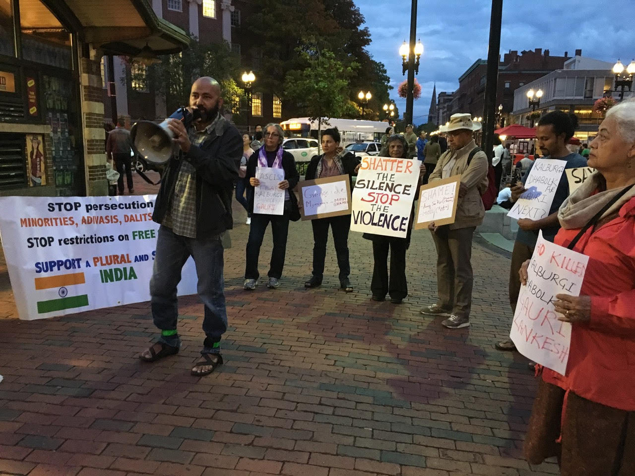 Vigil in protest at Gauri Lankesh murder and Rohingya massacre at Harvard Square. Credit: Beena Sarwar