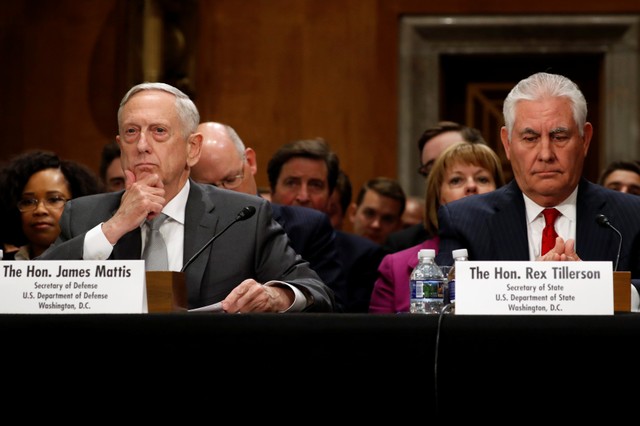 US Defense Secretary James Mattis and Secretary of State Rex Tillerson testify about authorizations for the use of military force before the Senate Foreign Relations Committee on Capitol Hill in Washington, U.S. October 30, 2017. Credit: Reuters/Jonathan Ernst