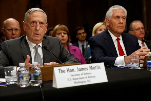 US Defense Secretary James Mattis and Secretary of State Rex Tillerson testify about authorizations for the use of military force before the Senate Foreign Relations Committee on Capitol Hill in Washington, U.S. October 30, 2017. Credit: Reuters/Jonathan Ernst