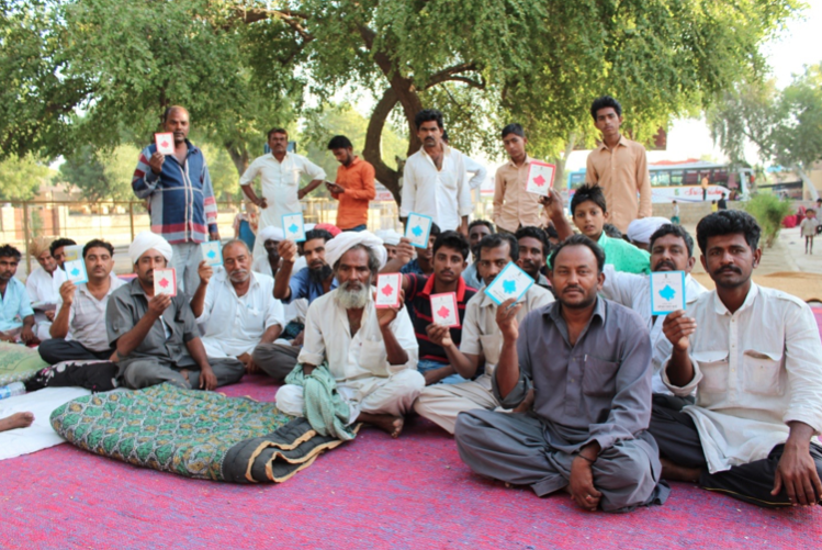 Manganiyars holding up their BPL/APL cards. Credit: The Wire/Shruti Jain