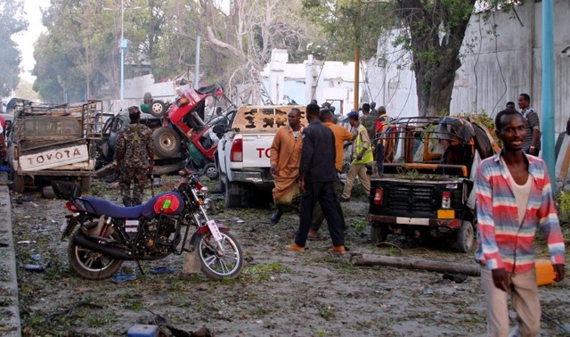 A general view shows the scene after a suicide car bomb explosion at the gate of Naso Hablod Two Hotel in Hamarweyne district of Mogadishu, Somalia October 28, 2017. Credit: Reuters