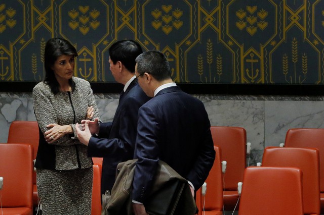 United States ambassador to the United Nations (UN) Nikki Haley speaks with Chinese Deputy UN Ambassador Wu Haitao after a meeting of the UN Security Council to discuss a North Korean missile launch at UN headquarters in New York, US, November 29, 2017. Credit: Reuters/Lucas Jackson