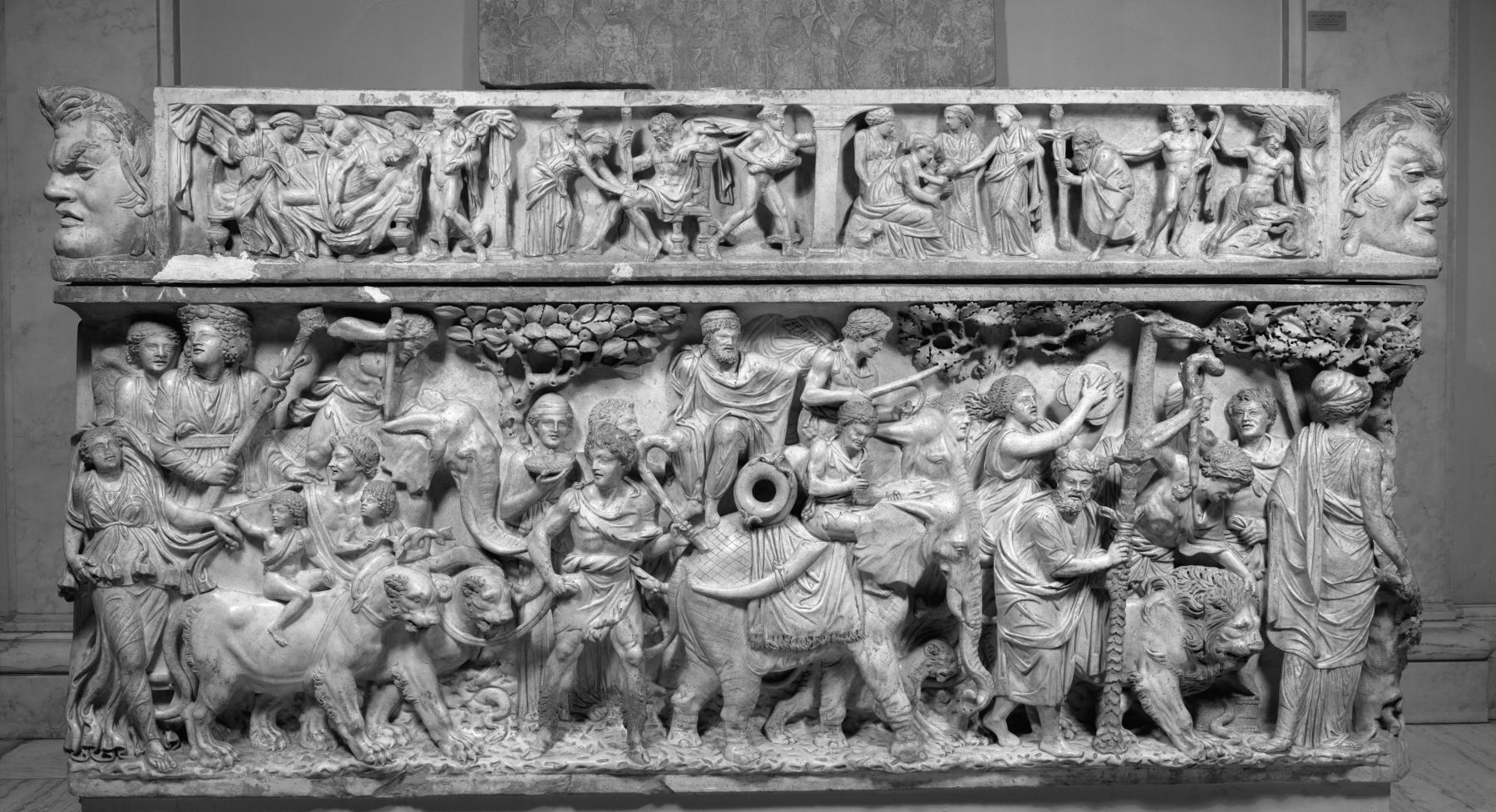 The triumph of Dionysus, depicted on a 2nd-century Roman sarcophagus. Dionysus rides in a chariot drawn by panthers; his procession includes elephants and other exotic animals. Credit: Wikimedia Commons