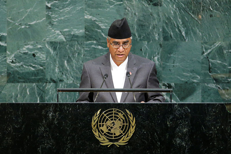 Nepali Prime Minister Sher Bahadur Deuba addresses the 72nd United Nations General Assembly at UN headquarters in New York, US, on September 23, 2017. Credit: Reuters